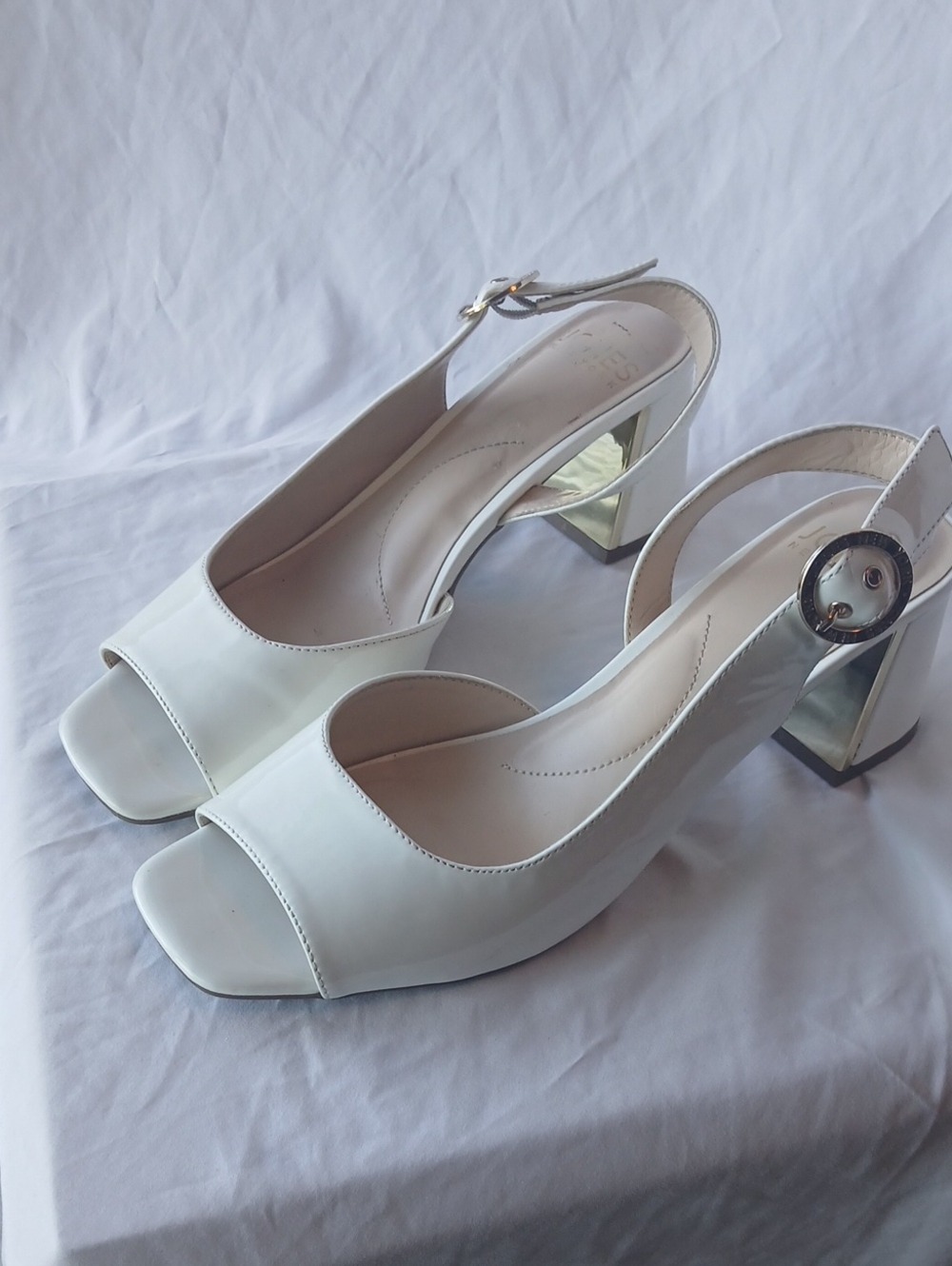 Jones New York White Patent Open-Toe Slingback Block Heels